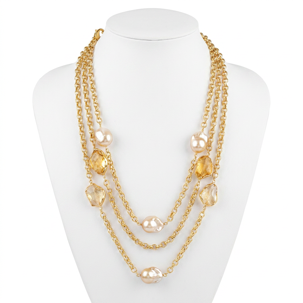 Champagne Pearl Citrine Gold baroque crystal necklace