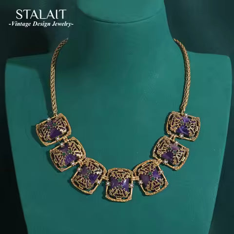 Antique Natural Stone Gold Purple Square Necklace
