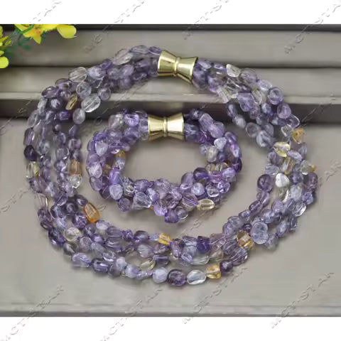 4-Row Baroque Amethyst Crystal Necklace Bracelet Set