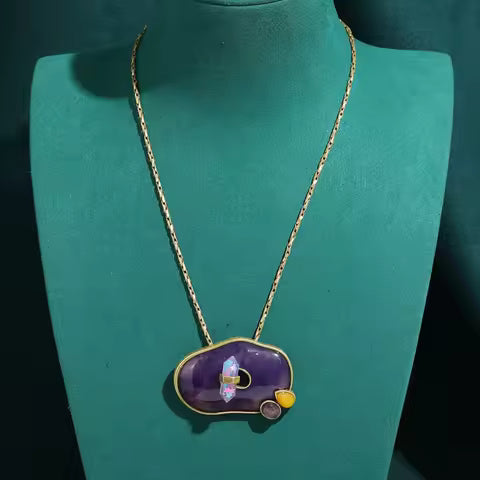Vintage Natural Stone Purple Pendant Necklace Gold Luxury