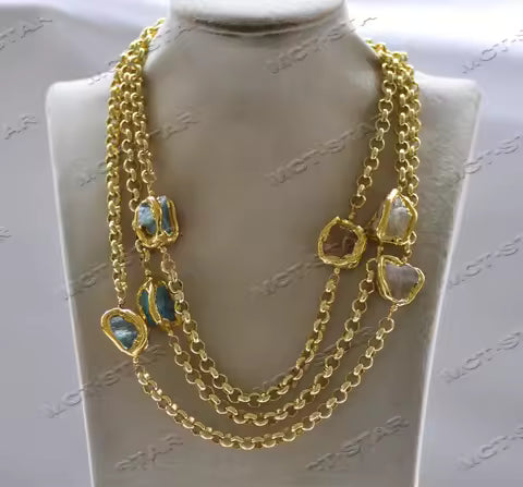 56-Inch Baroque Amethyst Aquamarine Crystal Gold-Plated Chain Necklace - Long Statement Jewelry