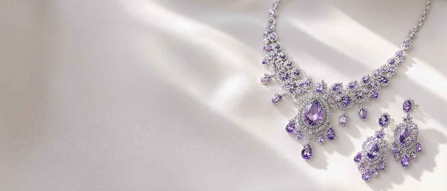 Baroque Purple Crystal Leaf Bridal Jewelry Sets - Luxury Rhinestone Choker Necklace Earrings Set